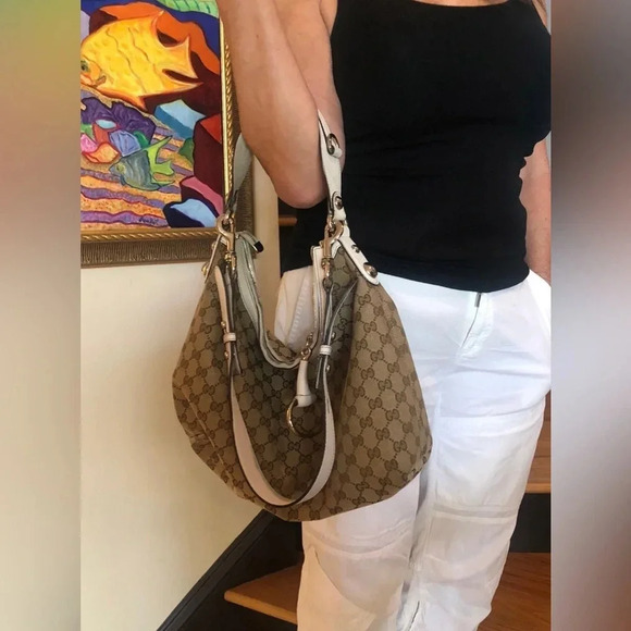 Gucci Horsebit Large Hobo GG Canvas Beige White Leather Trim Shoulder Bag - Picture 2 of 12